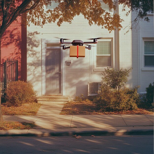 An image of a drone delivering a package to a customer's doorstep in a suburban neighborhood. Holiday decorations are visible to indicate the season. The image highlights the efficiency and convenience of drone delivery.
