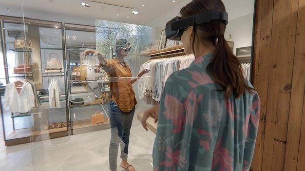 A person wearing AR glasses and virtually trying on different outfits in their living room. The AR interface displays various clothing options, sizes, and colors, allowing the person to customize their look in real-time.