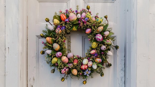 An image of a well-stocked craft store aisle, featuring various Easter decorations, including wreaths, ribbons, artificial flowers, and Easter eggs in pastel colors. The scene is brightly lit and inviting, with organized shelves and displays.