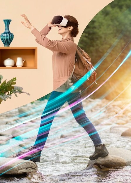 A futuristic-looking image showcasing a person using a sleek augmented reality (AR) glasses in a modern, minimalist home environment. The AR glasses display an interactive interface with various apps and information overlaid on the real world.