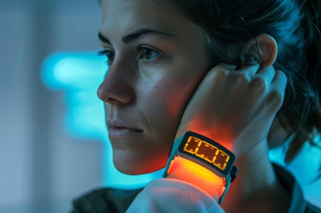 A closeup shot of a person wearing a smartwatch, showcasing its advanced health tracking features and sleek design.